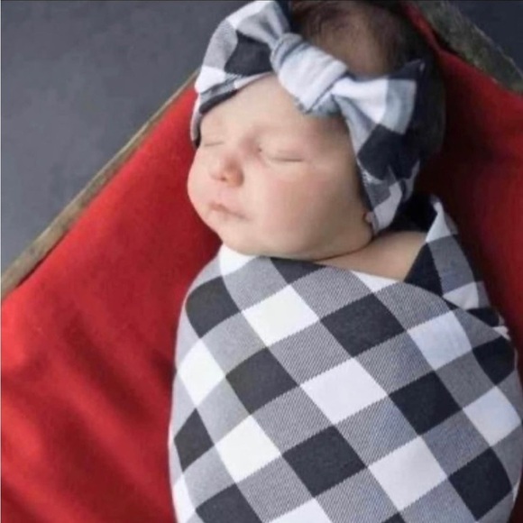 Milkmade goods baby swaddle and hair bow black and white buffalo check